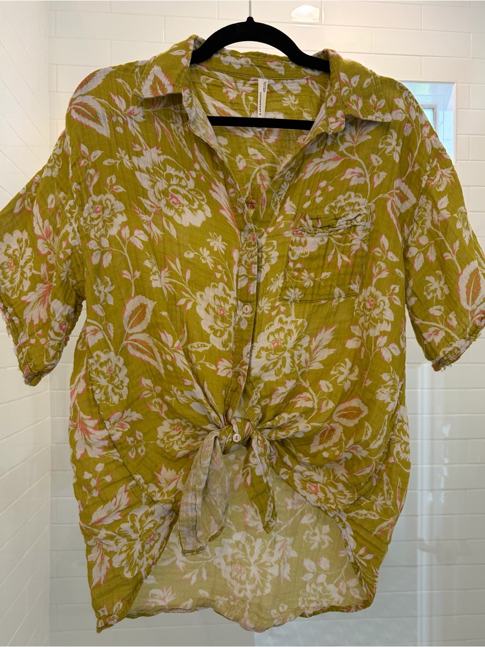 Anthropologie Olive Green Floral Button-Front Tie Shirt